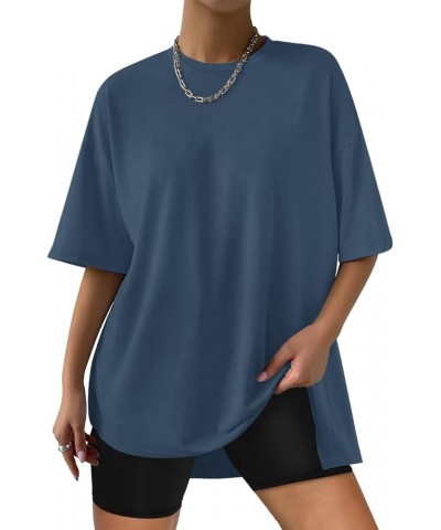 Women's Oversized Short Sleeve T-Shirts Summer Crewneck Workout Tops Loose Side Slit Casual Basic Tee Blue $12.24 T-Shirts