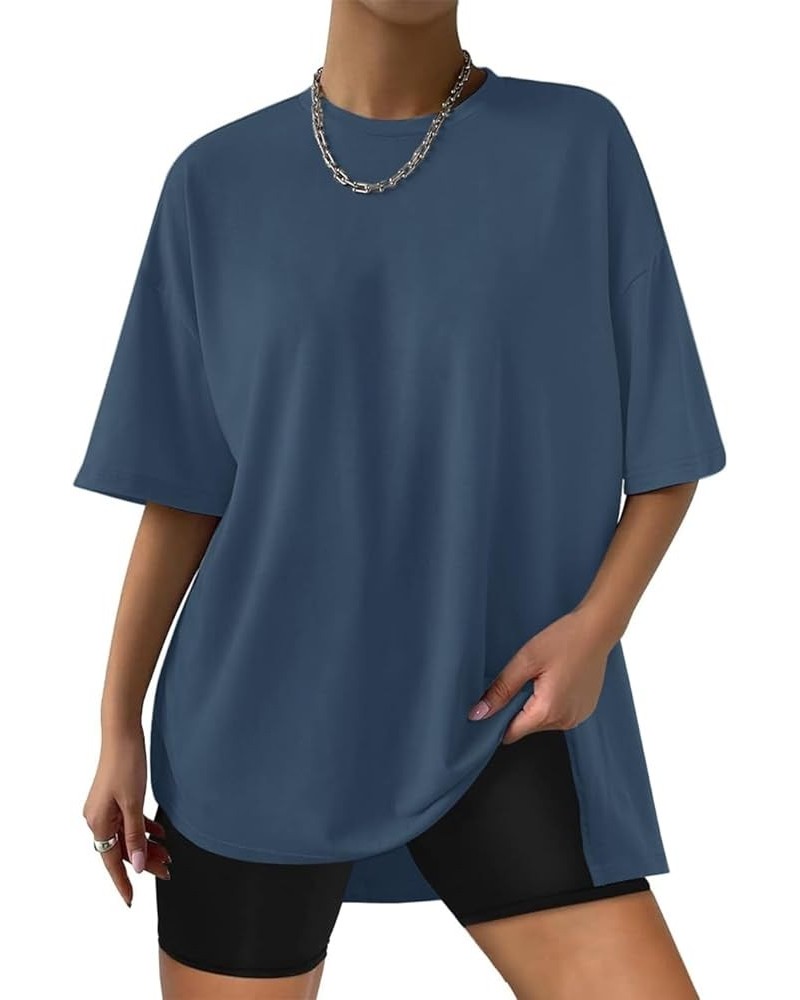 Women's Oversized Short Sleeve T-Shirts Summer Crewneck Workout Tops Loose Side Slit Casual Basic Tee Blue $12.24 T-Shirts