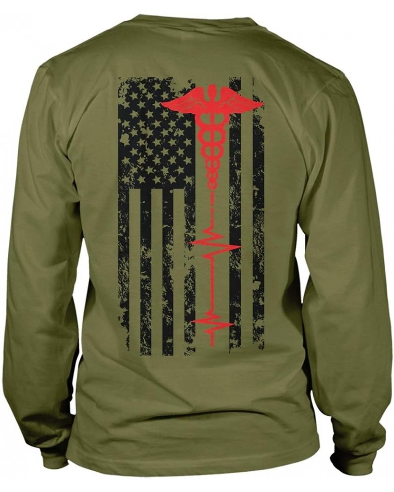 EMT Paramedic USA Flag - Red Line Support Unisex Long Sleeve Shirt Olive - Back Print $12.39 T-Shirts