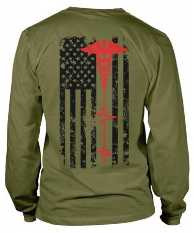 EMT Paramedic USA Flag - Red Line Support Unisex Long Sleeve Shirt Olive - Back Print $12.39 T-Shirts