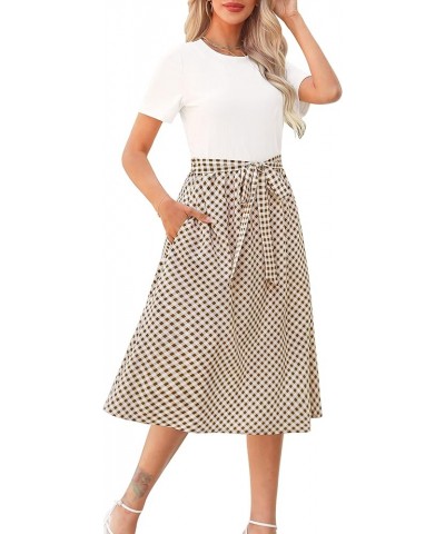 Women 2024 Summer Dress Short Sleeve Ribbed Teacher Church Modest Casual Business Work Outfits Midi Dress White Y Grid $23.36...