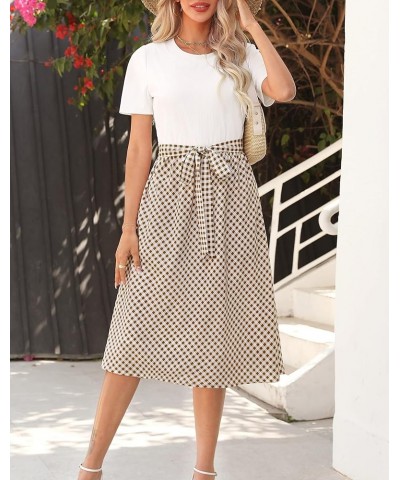 Women 2024 Summer Dress Short Sleeve Ribbed Teacher Church Modest Casual Business Work Outfits Midi Dress White Y Grid $23.36...