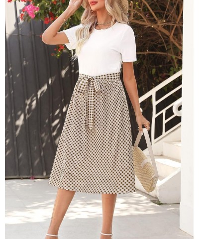 Women 2024 Summer Dress Short Sleeve Ribbed Teacher Church Modest Casual Business Work Outfits Midi Dress White Y Grid $23.36...