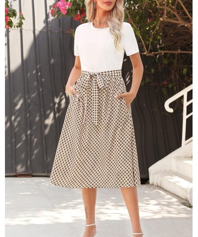 Women 2024 Summer Dress Short Sleeve Ribbed Teacher Church Modest Casual Business Work Outfits Midi Dress White Y Grid $23.36...