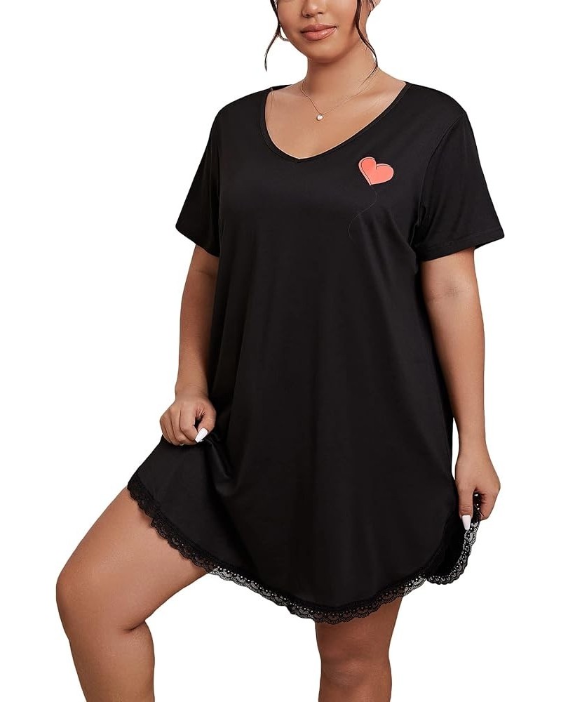 Women's Plus Size V Neck Short Sleeve Lace Trim Nightdress Sleepwear Black $12.00 Sleep & Lounge