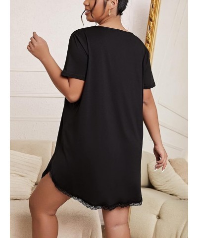 Women's Plus Size V Neck Short Sleeve Lace Trim Nightdress Sleepwear Black $12.00 Sleep & Lounge