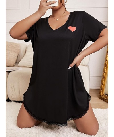 Women's Plus Size V Neck Short Sleeve Lace Trim Nightdress Sleepwear Black $12.00 Sleep & Lounge