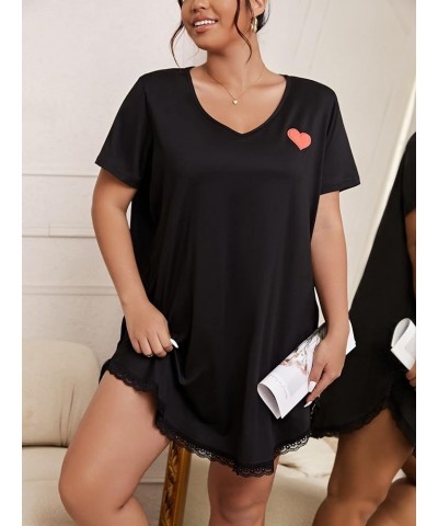 Women's Plus Size V Neck Short Sleeve Lace Trim Nightdress Sleepwear Black $12.00 Sleep & Lounge