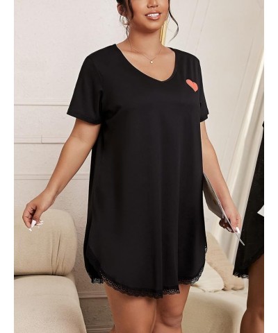 Women's Plus Size V Neck Short Sleeve Lace Trim Nightdress Sleepwear Black $12.00 Sleep & Lounge