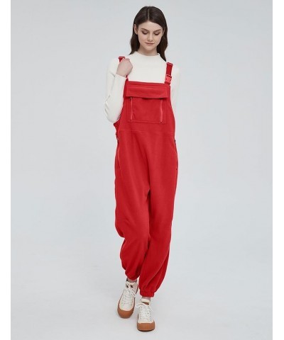 Women's Printed Warm Fleece Overalls Casual Loose Fit Bib Jumpsuits with Zipper Pockets Fall Winter Red $36.39 Overalls