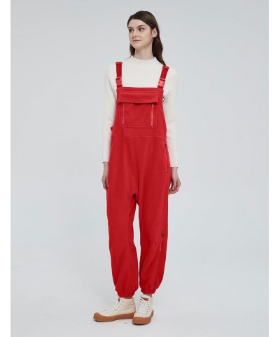 Women's Printed Warm Fleece Overalls Casual Loose Fit Bib Jumpsuits with Zipper Pockets Fall Winter Red $36.39 Overalls