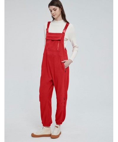 Women's Printed Warm Fleece Overalls Casual Loose Fit Bib Jumpsuits with Zipper Pockets Fall Winter Red $36.39 Overalls