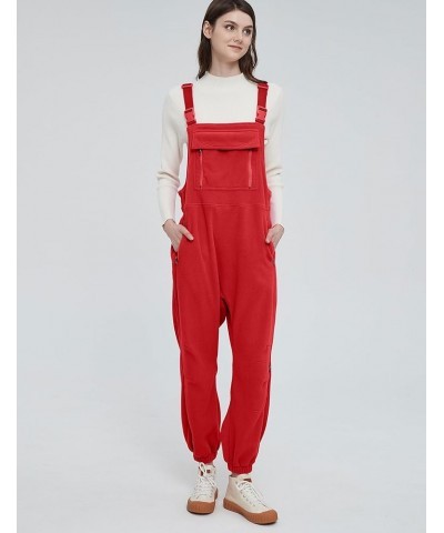 Women's Printed Warm Fleece Overalls Casual Loose Fit Bib Jumpsuits with Zipper Pockets Fall Winter Red $36.39 Overalls