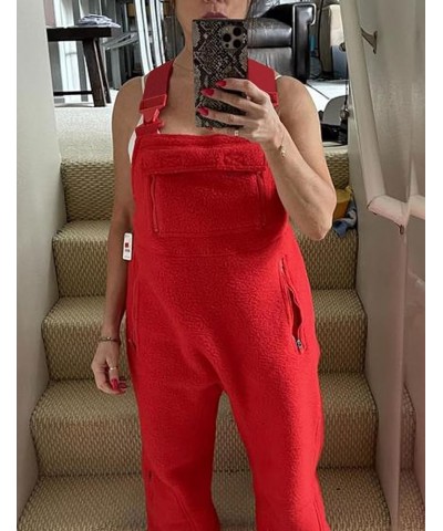 Women's Printed Warm Fleece Overalls Casual Loose Fit Bib Jumpsuits with Zipper Pockets Fall Winter Red $36.39 Overalls