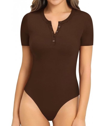 Womens Bodysuit Long Sleeve Henley Body Suits Button Down Crew V Neck Ribbed Bodysuits Shirts Tops Short Sleeve Coffee $13.74...