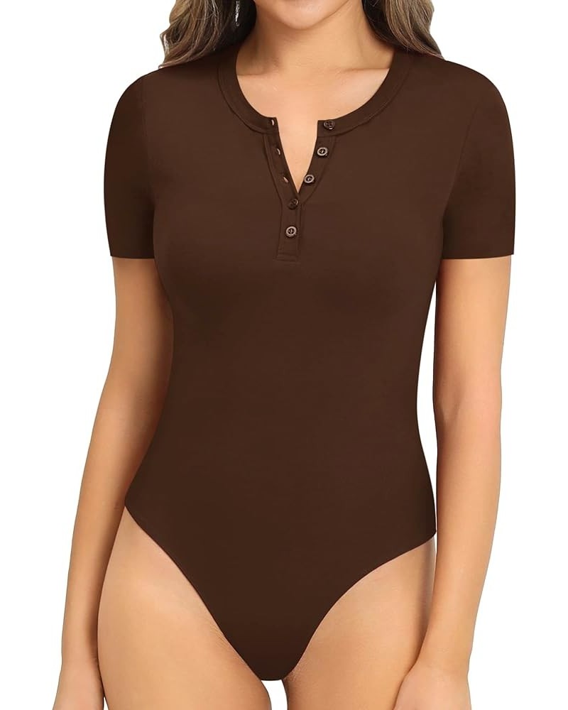 Womens Bodysuit Long Sleeve Henley Body Suits Button Down Crew V Neck Ribbed Bodysuits Shirts Tops Short Sleeve Coffee $13.74...