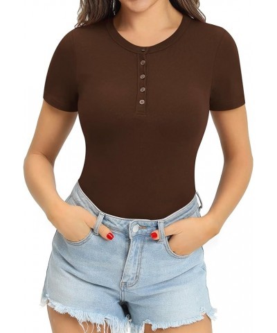 Womens Bodysuit Long Sleeve Henley Body Suits Button Down Crew V Neck Ribbed Bodysuits Shirts Tops Short Sleeve Coffee $13.74...