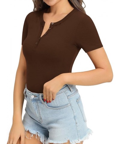 Womens Bodysuit Long Sleeve Henley Body Suits Button Down Crew V Neck Ribbed Bodysuits Shirts Tops Short Sleeve Coffee $13.74...