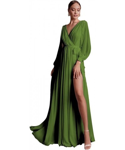 Chiffon Long Sleeve Bridesmaid Dresses for Women Double V Neck Ruched High Slit A-line Prom Dress with Sash Olive Green $25.3...