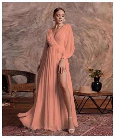 Chiffon Long Sleeve Bridesmaid Dresses for Women Double V Neck Ruched High Slit A-line Prom Dress with Sash Olive Green $25.3...