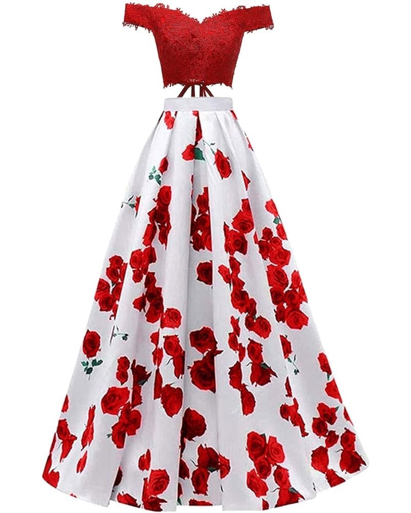 Women's Off Shoulder Floral Printed 2 Piece Prom Dress Long Lace Evening Formal Gowns Red $46.56 Dresses