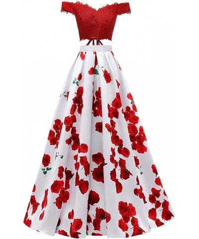 Women's Off Shoulder Floral Printed 2 Piece Prom Dress Long Lace Evening Formal Gowns Red $46.56 Dresses