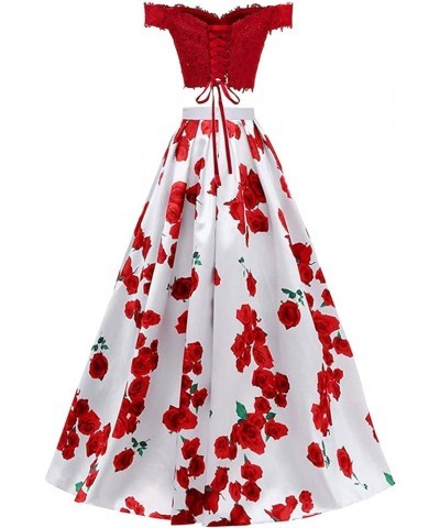 Women's Off Shoulder Floral Printed 2 Piece Prom Dress Long Lace Evening Formal Gowns Red $46.56 Dresses