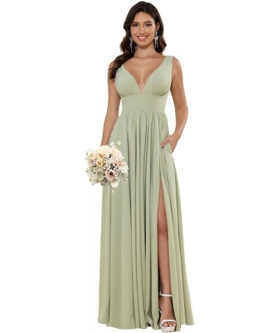 Sexy Deep V Neck Bridesmaid Dresses for Women with Slit Long Floor Length Formal Evening Dress for Party 2024 DE107 Sage Gree...