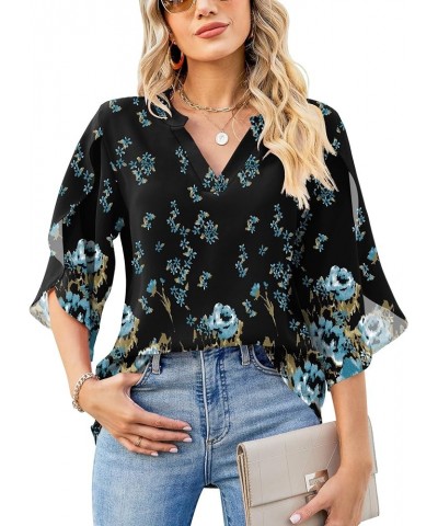 Women's Casual Chiffon Blouse Tops 3/4 Ruffled Sleeve V Neck Loose Fit Blouses Shirts 04-black Flower $13.64 Blouses