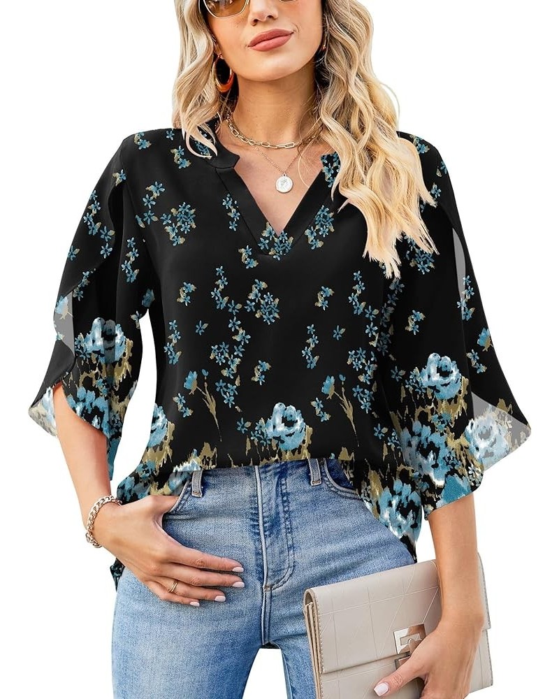 Women's Casual Chiffon Blouse Tops 3/4 Ruffled Sleeve V Neck Loose Fit Blouses Shirts 04-black Flower $13.64 Blouses