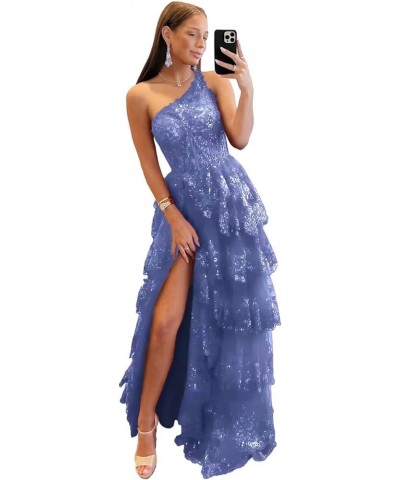 One Shoulder Lace Tulle Tiered Prom Dresses Sparkly Applique Long A Line Formal Evening Party Gowns Dark Blue $49.39 Dresses