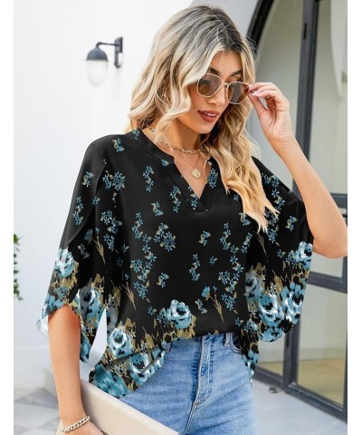 Women's Casual Chiffon Blouse Tops 3/4 Ruffled Sleeve V Neck Loose Fit Blouses Shirts 04-black Flower $13.64 Blouses