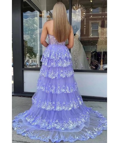 One Shoulder Lace Tulle Tiered Prom Dresses Sparkly Applique Long A Line Formal Evening Party Gowns Dark Blue $49.39 Dresses