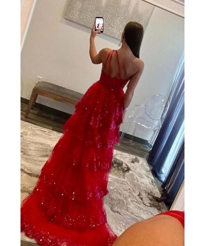 One Shoulder Lace Tulle Tiered Prom Dresses Sparkly Applique Long A Line Formal Evening Party Gowns Dark Blue $49.39 Dresses