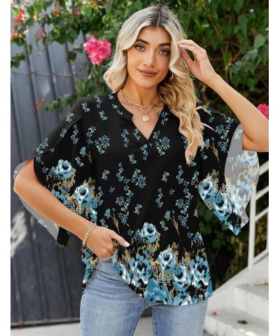 Women's Casual Chiffon Blouse Tops 3/4 Ruffled Sleeve V Neck Loose Fit Blouses Shirts 04-black Flower $13.64 Blouses