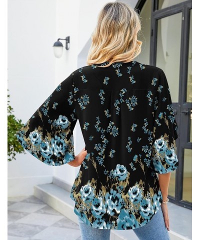 Women's Casual Chiffon Blouse Tops 3/4 Ruffled Sleeve V Neck Loose Fit Blouses Shirts 04-black Flower $13.64 Blouses