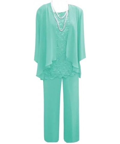 3 Pieces Mother of The Bride Pant Suits for Wedding Lace Chiffon Pants Suits for Women Dressy Turquoise $12.40 Suits