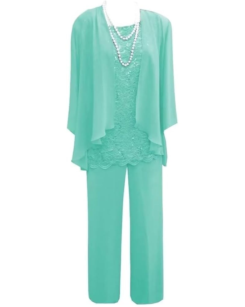 3 Pieces Mother of The Bride Pant Suits for Wedding Lace Chiffon Pants Suits for Women Dressy Turquoise $12.40 Suits