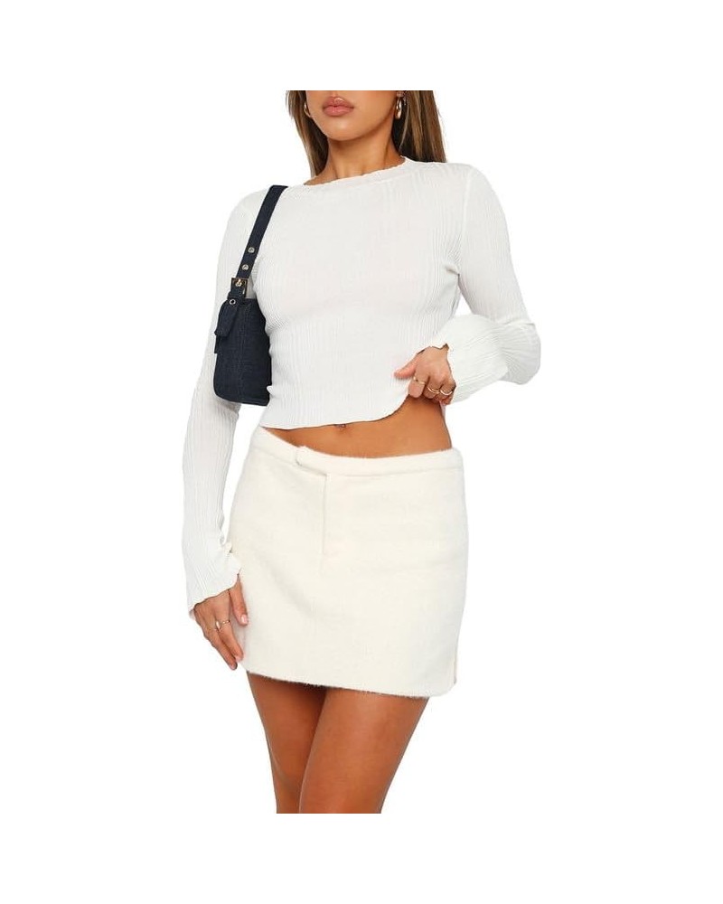 Women's Crew Neck Long Sleeve Crop Top Solid Color Slim Fit T Shirts Hollow Out Basic Casual Streetwear Free White $11.54 Tops