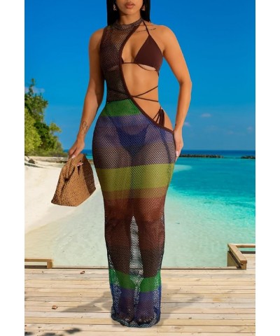 Women's Sheer Mesh Long Sleeve Bodycon Midi Dress Club Night Out Dresses Beach Cover Up Dress J-brown $14.35 Swimsuits