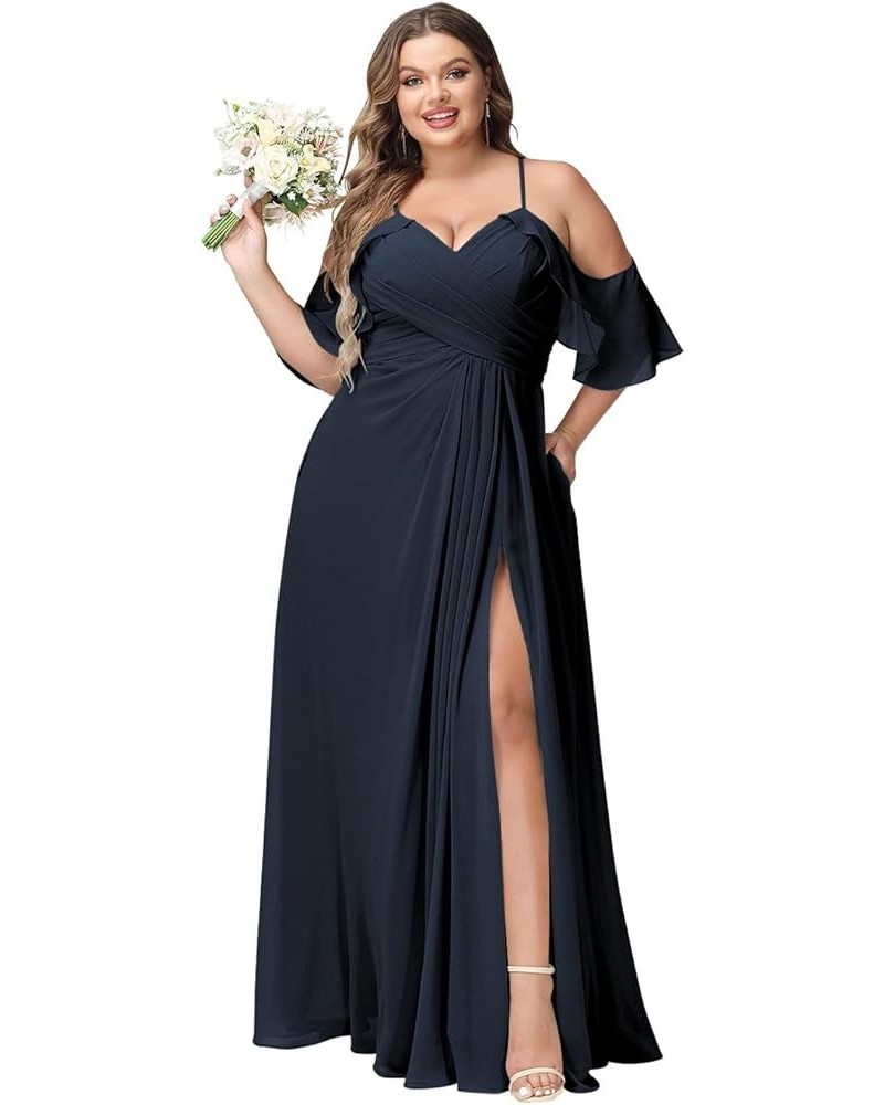 Women's Plus Size Bridesmaid Dresses with Pockets Cold Shoulder Pleated Long Formal Party Dress with Slit YMS221 Navy Blue $2...