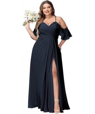 Women's Plus Size Bridesmaid Dresses with Pockets Cold Shoulder Pleated Long Formal Party Dress with Slit YMS221 Navy Blue $2...