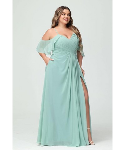 Women's Plus Size Bridesmaid Dresses with Pockets Cold Shoulder Pleated Long Formal Party Dress with Slit YMS221 Navy Blue $2...