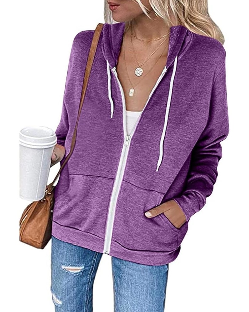 Hoodies for Women Zip UP Hooded Sweatshirts Fall Fashion 2023 Long Sleeve Drawstring Tops Casual Lightweight Jackets A05-purp...