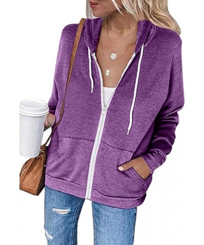 Hoodies for Women Zip UP Hooded Sweatshirts Fall Fashion 2023 Long Sleeve Drawstring Tops Casual Lightweight Jackets A05-purp...