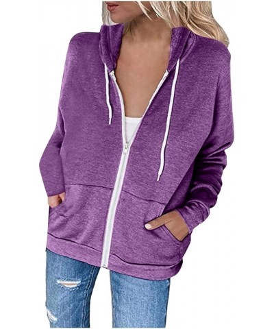 Hoodies for Women Zip UP Hooded Sweatshirts Fall Fashion 2023 Long Sleeve Drawstring Tops Casual Lightweight Jackets A05-purp...