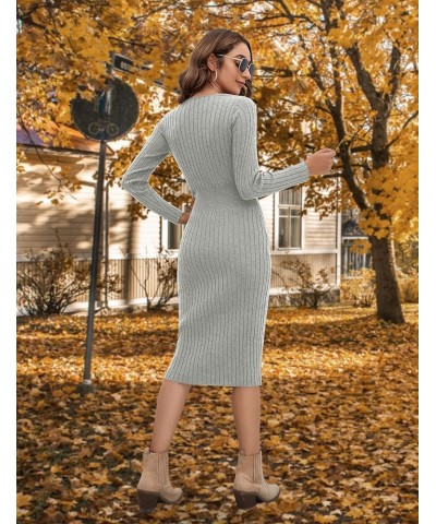 Womens Midi Sweater Dress Long Sleeve V Neck Bodycon Fall Dresses 2023 Casual Knee Length Ladies Winter Dress Sand Grey $19.5...