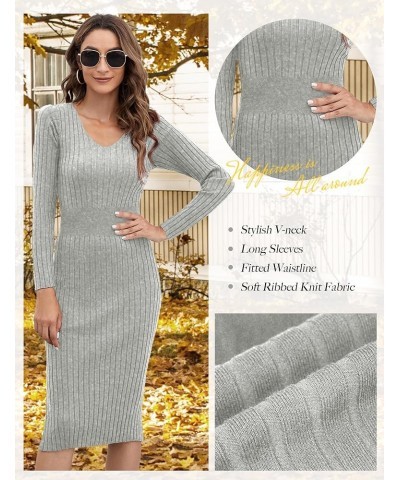 Womens Midi Sweater Dress Long Sleeve V Neck Bodycon Fall Dresses 2023 Casual Knee Length Ladies Winter Dress Sand Grey $19.5...