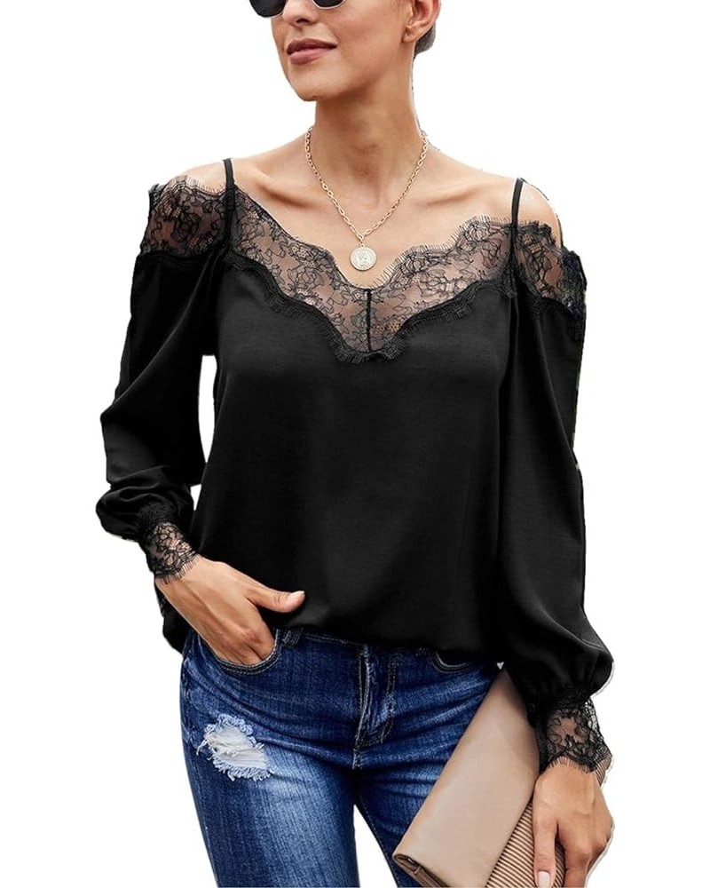 Longsleeve Lace Tank Top for Women Casual Cold Shoulder Blouse V Neck Shirts Tops Black $14.78 Tops