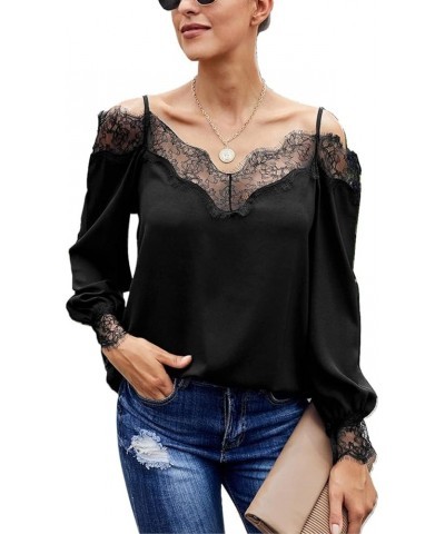 Longsleeve Lace Tank Top for Women Casual Cold Shoulder Blouse V Neck Shirts Tops Black $14.78 Tops